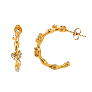 French vintage style C-shaped 18k gold plated stainless steel earrings with zircons