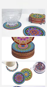 Detailed view of mandala diamond painting coasters with a black metal storage holder
