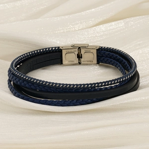 Navy blue multi-layer braided leather bracelet with silver stainless steel clasp for men