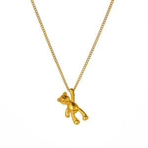 Golden stainless steel bear pendant necklace featuring a cute bear on a classic O-link chain