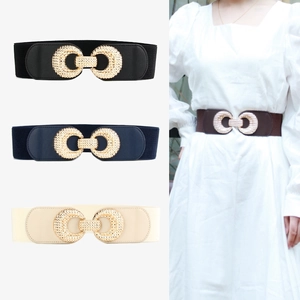 Women Wide Elastic Corset Belt Vintage Elegant Gold Textured Buckle Solid Color Stretchy Waistband For Dresses Coats Office Party