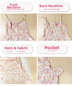 Detailed views of floral summer dress featuring lace hem, drawstring neck, and pockets