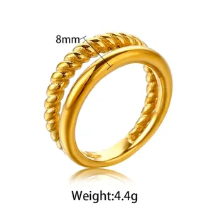 Double Layer Band Ring Stainless Steel 18K Gold Plated Twist Rope Minimalist Chic Hollow Finger Jewelry For Women