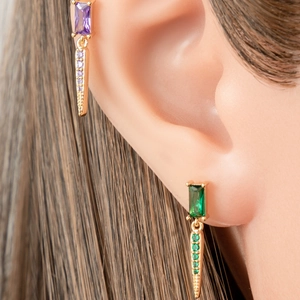Gold-plated earrings with rectangle zircon studs and gradient stone drops on model