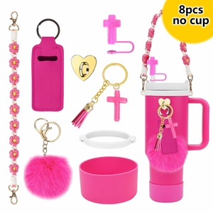 8-piece pink Stanley cup accessories set with glitter cross straw cover and fuzzy pompom charm