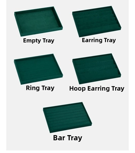 Deep green velvet jewelry trays in five styles for rings, earrings and necklace display