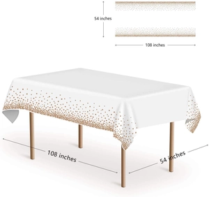 Disposable white tablecloth with rose gold polka dots detail, size 54 x 108 inches