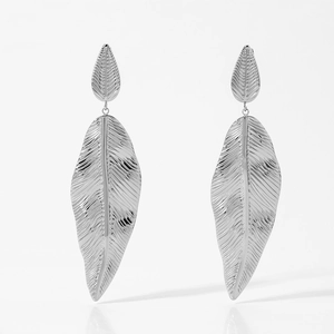 Detail of silver stainless steel leaf earrings featuring intricate vein textures and two-part design
