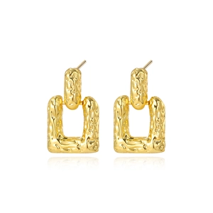 Golden geometric rectangle earrings with hammer texture and vintage industrial design style