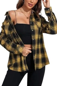 Close-up of a long-sleeve flannel plaid shirt for women in yellow and black check pattern