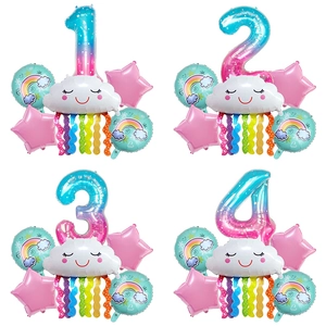 Rainbow gradient number balloon set with smiling cloud tassels for child birthday party