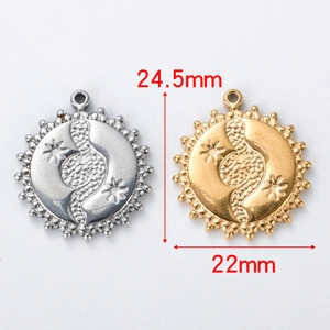 Detailed size view of retro stainless steel sun and snake embossed charms in gold and silver