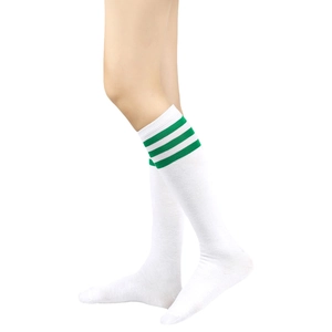Detail of white cotton knee-high socks with three green stripes in preppy athletic style