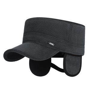 Men's winter thick thermal flat top cap with ear flaps and knit texture in dark grey