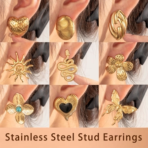 Vintage Stainless Steel Stud Earrings For Women Hammered Gold Heart Snake Sun Flower Butterfly Rhinestone Jewelry Earrings