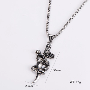Detail view of silver snake sword pendant with dimensions 53mm by 23mm and 25g weight
