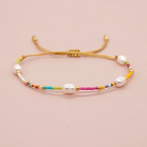 Bohemian Handmade Bracelet With Natural Freshwater Pearl Colorful Seed Beads And Gold Beads Adjustable For Women