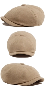 Three-way view of a beige wool newsboy cap showing top, side and front details