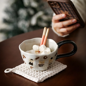 Cute ceramic bear mug with irregular wave rim on woven coaster for kids and creative gift
