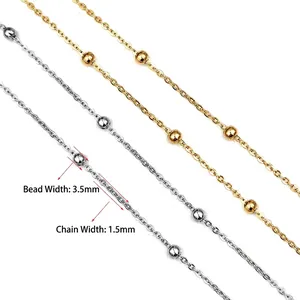 Gold and silver 1.5mm stainless steel bead cross chain with 3.5mm decorative beads