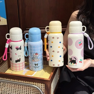 Cute cartoon stainless steel insulated bottle with hand strap for students and women