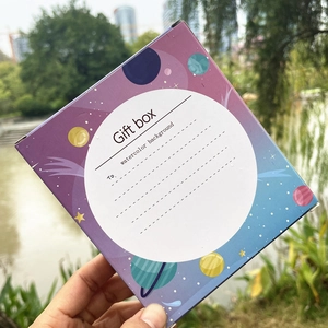 Starry sky themed square gift box with purple blue watercolor gradient and planet designs