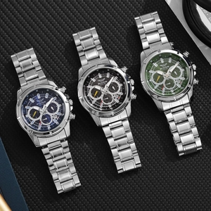 Luxury silver stainless steel business watch with chronograph dials and calendar display