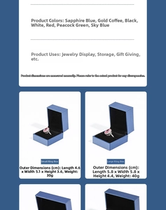 Detailed size comparison and color options for flip-top leatherette jewelry boxes