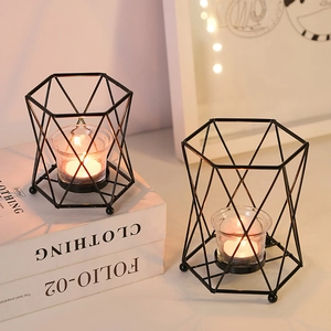 Modern geometric black metal candle holders with glass cups for home decor centerpieces