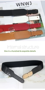 Detail of elegant elastic waist belt with gold metallic buckle for dresses and blazers