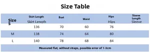 Size chart showing bust, waist, and hips measurements for the summer off-shoulder dress