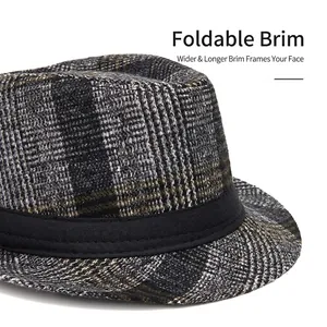 Classic British plaid fedora hat for men in wool texture with foldable wide brim