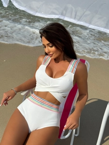 White high-waisted bikini set with rainbow strap detailing and textured waffle fabric