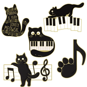 Five-piece black cat music theme enamel pin set with piano and note designs