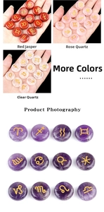 Detailed view of polished crystal stones engraved with golden zodiac symbols for healing