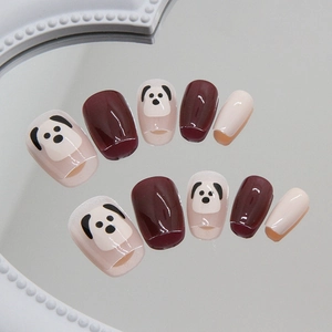 Cute puppy press-on nails in burgundy and pink colors, short trapezoid shape 10pcs set