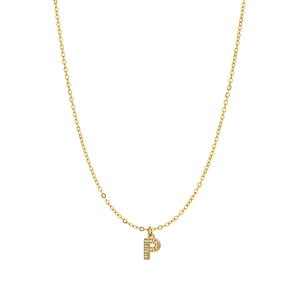 Macro detail of gold plated letter P pendant encrusted with pavé cubic zirconia stones