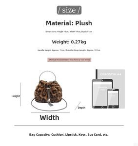 Size chart showing leopard plush bucket bag dimensions and capacity with iPad comparison