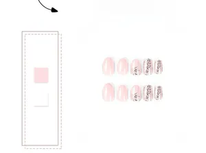 Detail of white French tip press-on nails with silver glitter and pink gradient finish