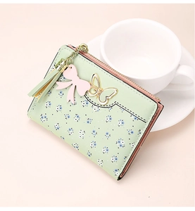 Detail of mint green floral wallet with gold butterfly clasp and tassel charm