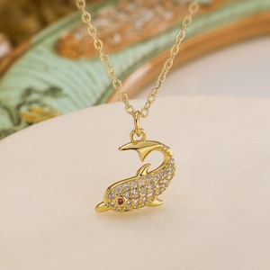 Gold Plated Copper Dolphin Pendant Necklace For Women Elegant Animal Zirconia Charms Clavicle Chain Jewelry Gift
