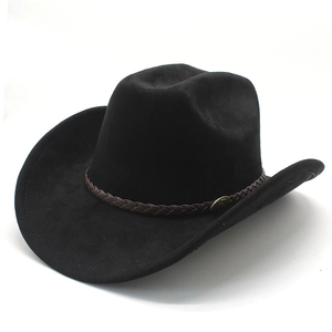 Klassischer schwarzer Western-Cowboyhut aus Wildleder mit braunem geflochtenem Lederband
