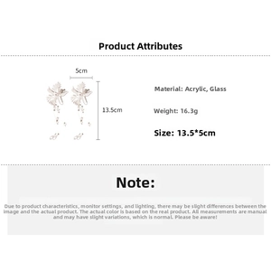 Detail view showing 13.5x5cm acrylic flower tassel earring with 16.3g weight specs