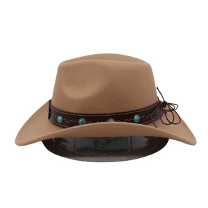 Detail of western felt cowboy hat featuring brown leather band with turquoise accents
