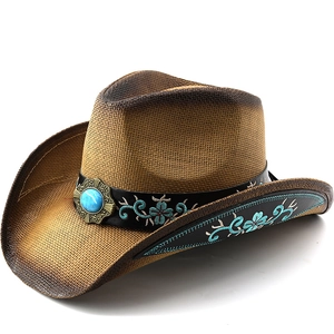 Chapeau de cowboy en paille dégradé bohème avec broderie florale et turquoise