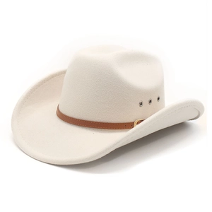 Classic cream wool felt western cowboy hat with brown leather buckle strap and air eyelets