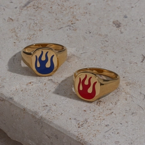 18K gold plated stainless steel rings featuring red and blue enamel fire flame patterns