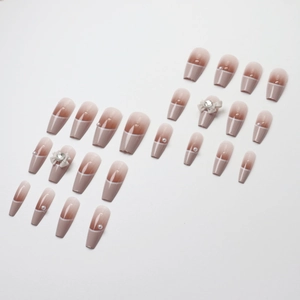 French baroque ombre press-on nails with white 3D bows, pearls, and sparkling rhinestones