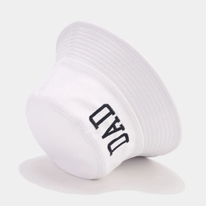 White cotton bucket hat with black DAD embroidery in a minimalist casual design