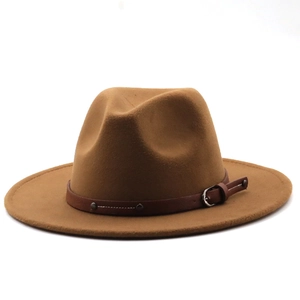 Close-up of brown wool fedora hat featuring a leather band with silver metal buckle
